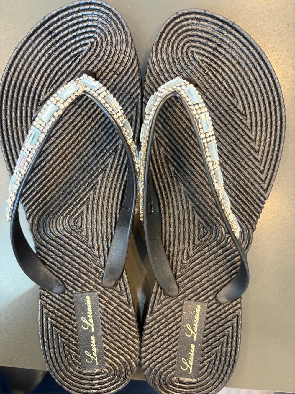 Lauren Lorraine Black Jeweled Strap Flip Flop Sandals